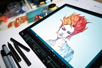 close-up of digital drawing tablet displaying a cartoon sketch