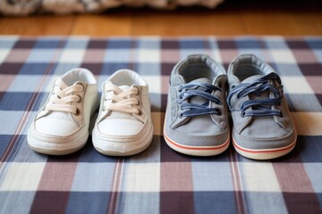 baby shoes next to adult shoes on a mat