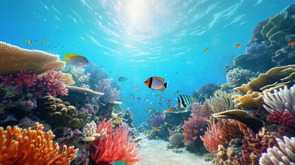 Naklejka na ściany i meble An HD image of a bustling coral reef ecosystem, showcasing a kaleidoscope of colorful fish, vibrant corals, and crystal-clear waters in a pristine marine environment