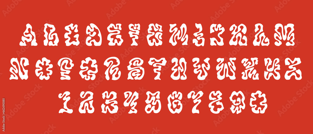 Poster y2k retrofuturistic liquid font. wavy vector isolated english alphabet letters and numbers in fluid 