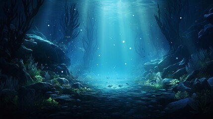 An underwater landscape showcasing the ethereal beauty of bioluminescent organisms lighting up the dark depths of the ocean, creating a surreal and enchanting scene