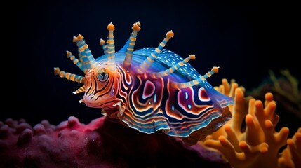 An underwater photograph capturing the intricate patterns and vibrant colors of a nudibranch, a fascinating sea slug species, against a backdrop of coral and ocean life