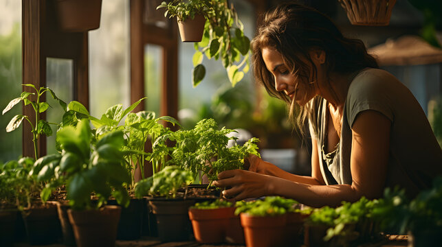 a woman cultivating herbs and plants on her small apartment balcony, urban gardening concept. Generative AI