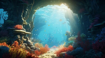 Fototapeta na wymiar An underwater scene featuring a coral archway teeming with marine life, including schools of fish and intricate coral formations, offering a picturesque view of the ocean's beauty
