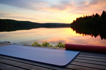 a calm lake at sunset with a yoga mat nearby