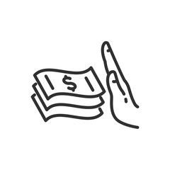 Denial of money, linear icon. Hand showing stop gesture. Line with editable stroke