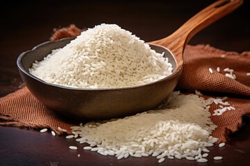 Fototapeta na wymiar a mound of rice grains with a spoon dug into it