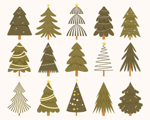 Obraz premium Christmas trees collection. Cartoon christmas tree with presents and toys, colorful fir Christmas trees with ornaments. Vector set