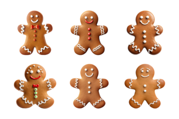 Collection of various gingerbread men cookies isolated on transparent background