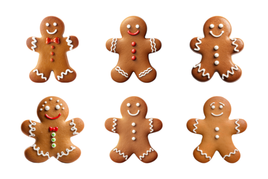Collection of various gingerbread men cookies isolated on transparent background