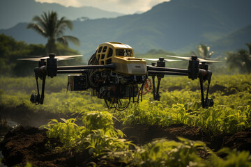 Agriculture drone in action, precisely spraying fertilizer over lush crops. Cutting-edge technology optimizes crop growth. Ai generated