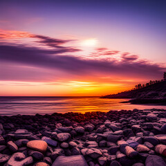 Amazing beach sunset with endless horizon and incredible foamy waves over wet sand. Digital illustration. Amazing CG Artwork Background