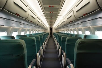 overhead compartments inside an empty business class plane cabin