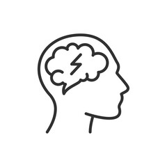 Brain activity, linear icon. Lightning in the brain in a man's head. Line with editable stroke