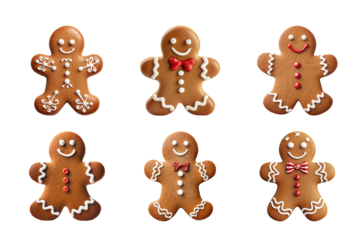 Collection of various gingerbread men cookies isolated on transparent background