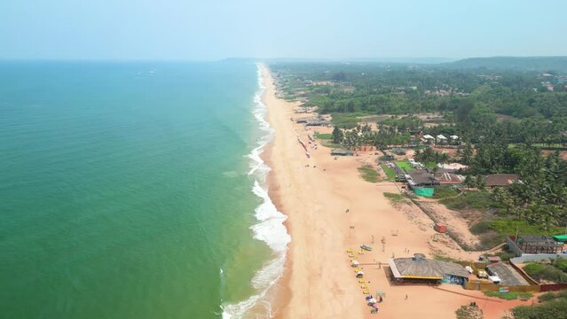 Goa, India: Aerial view of Indian summer resort by Arabian Sea, famous Goa Beaches (Sinquerim, Candolim, Calangute and Baga Beach) - landscape panorama of South Asia from above