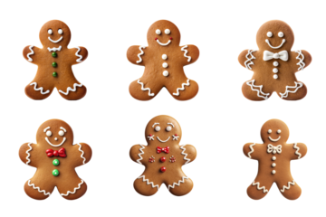 Collection of various gingerbread men cookies isolated on transparent background