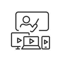 Distance learning through a variety of devices, linear icon. Laptop, computer, and smartphone. Man at the blackboard. Line with editable stroke