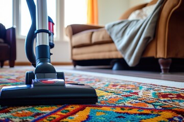upright vacuum cleaner working on a colorful area rug
