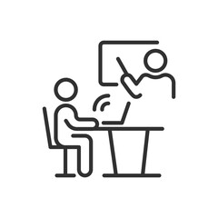 Study with a laptop in class, linear icon, teacher at the blackboard and a student at a desk with a laptop. Line with editable stroke