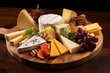 several types of cheese arranged on a wooden board