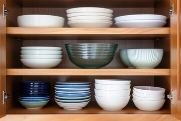 Fototapeta na wymiar clean, neatly stacked bowls in a kitchen cabinet