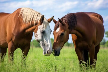 two horses grazing peacefully side by side