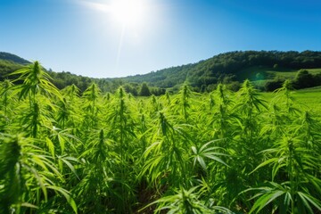 hemp field thriving under the sunlight, showcasing cannabis agriculture
