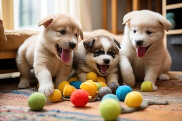 group of puppies playing with toys - obrazy, fototapety, plakaty