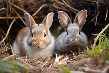 Fototapeta premium a rabbit and a hedgehog together in a burrow