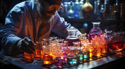 Laboratory Discovery: A scientist in a white lab coat peering into a microscope, surrounded by glassware and colorful chemical reactions.