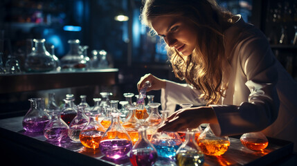 Laboratory Discovery: A scientist in a white lab coat peering into a microscope, surrounded by glassware and colorful chemical reactions. - obrazy, fototapety, plakaty