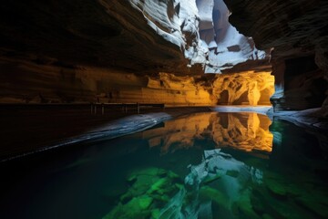 reflective, still underground cave pool with visible depth