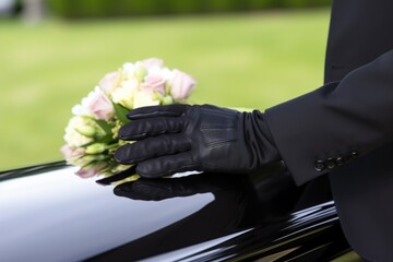 detail of a pallbearers black gloved hand holding handle