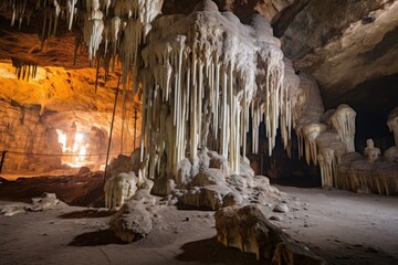 wide-angle shot of a cave room with visible stalactites and stalagmites - obrazy, fototapety, plakaty