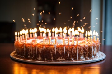 a general anniversary cake burning with many candles