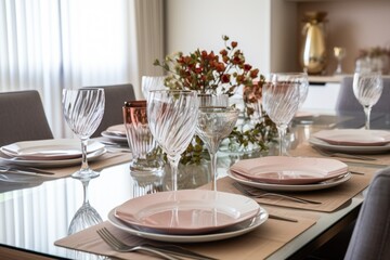 Fototapeta premium fully arranged dining table set with crystal glasses and ceramic plates