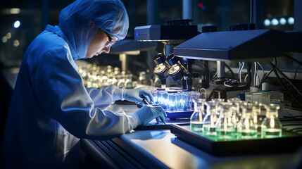 Chemical Analysis: A technician using high-tech equipment to analyze chemical compounds.