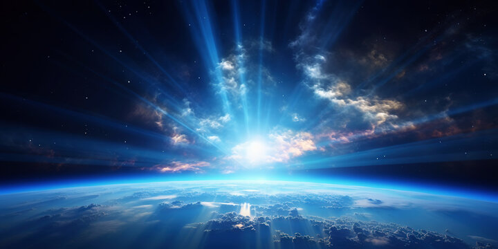 Panoramic view on planet Earth globe from space with rising sun. Glowing city lights, light clouds. Generative AI