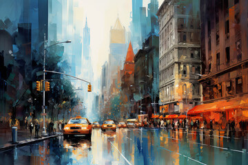 New York City painted in an expressionist impressionist style. thick brush strokes, red and blue style. ideal for tourist office or hotel. horizontal composition