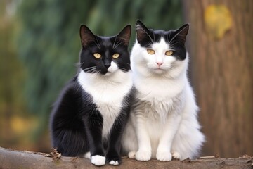 a black and white cat sitting together