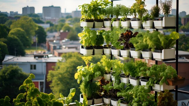 photo of urban gardening using vertifal farming. Generative AI