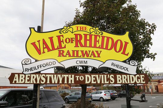 The sign for the Rheidol Steam Railway train to Devil's Bridge from Aberystwyth, Ceredigion, Wales, UK.