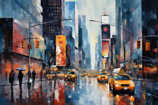 New York City painted in an expressionist impressionist style. thick brush strokes, red and blue style. ideal for tourist office or hotel. horizontal composition