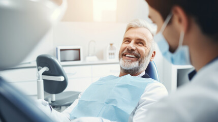 Adult man at a dentist's appointment. Man is sitting in a dental chair, his teeth are being treated using dental instruments. Modern dentistry concept, dental health.
