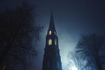 a gothic church tower shrouded in an eerie fog at night - obrazy, fototapety, plakaty