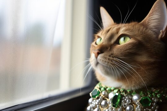 a green-eyed cat looking at a superiorly adorned one