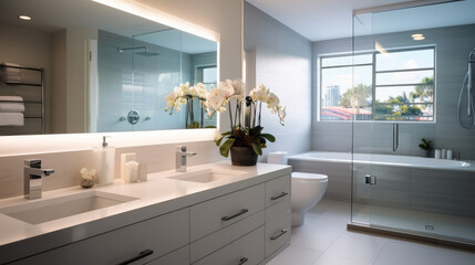 Fototapeta na wymiar Bathroom with a large white mirror and bright lighting.