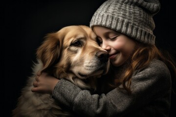 Cute little girl with golden retriever dog on a black background