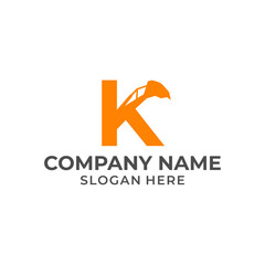 Letter K logo with excavator arm. K excavator logo template, hydraulic logo initials